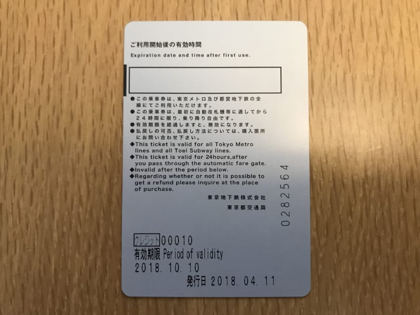 Tokyo Subway Ticket裏面