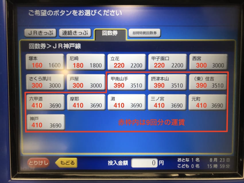 JR神戸線各駅の回数券運賃